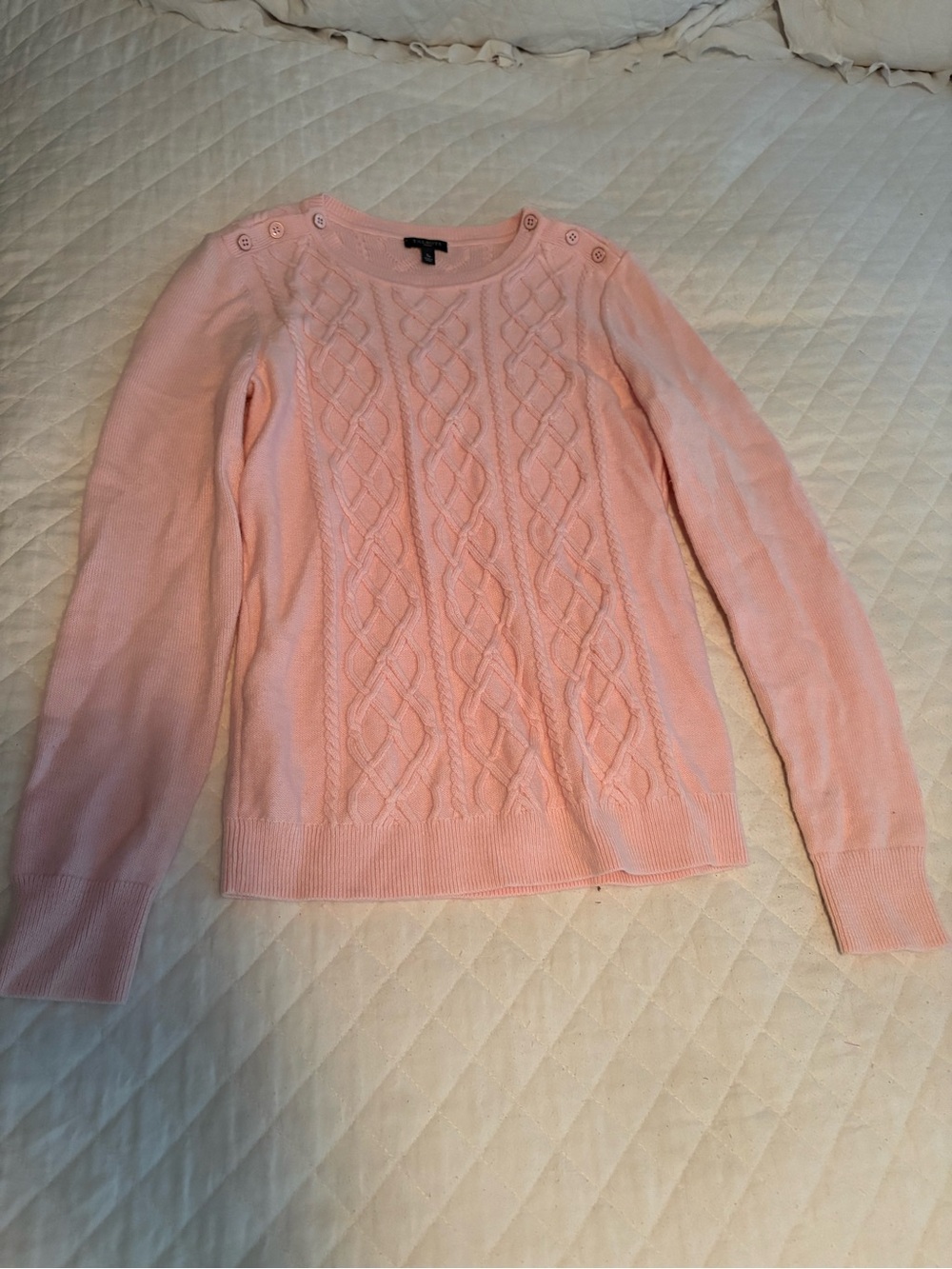 Talbots Light Pink Cable-Knit Scoop Neck Sweater with Shoulder Buttons